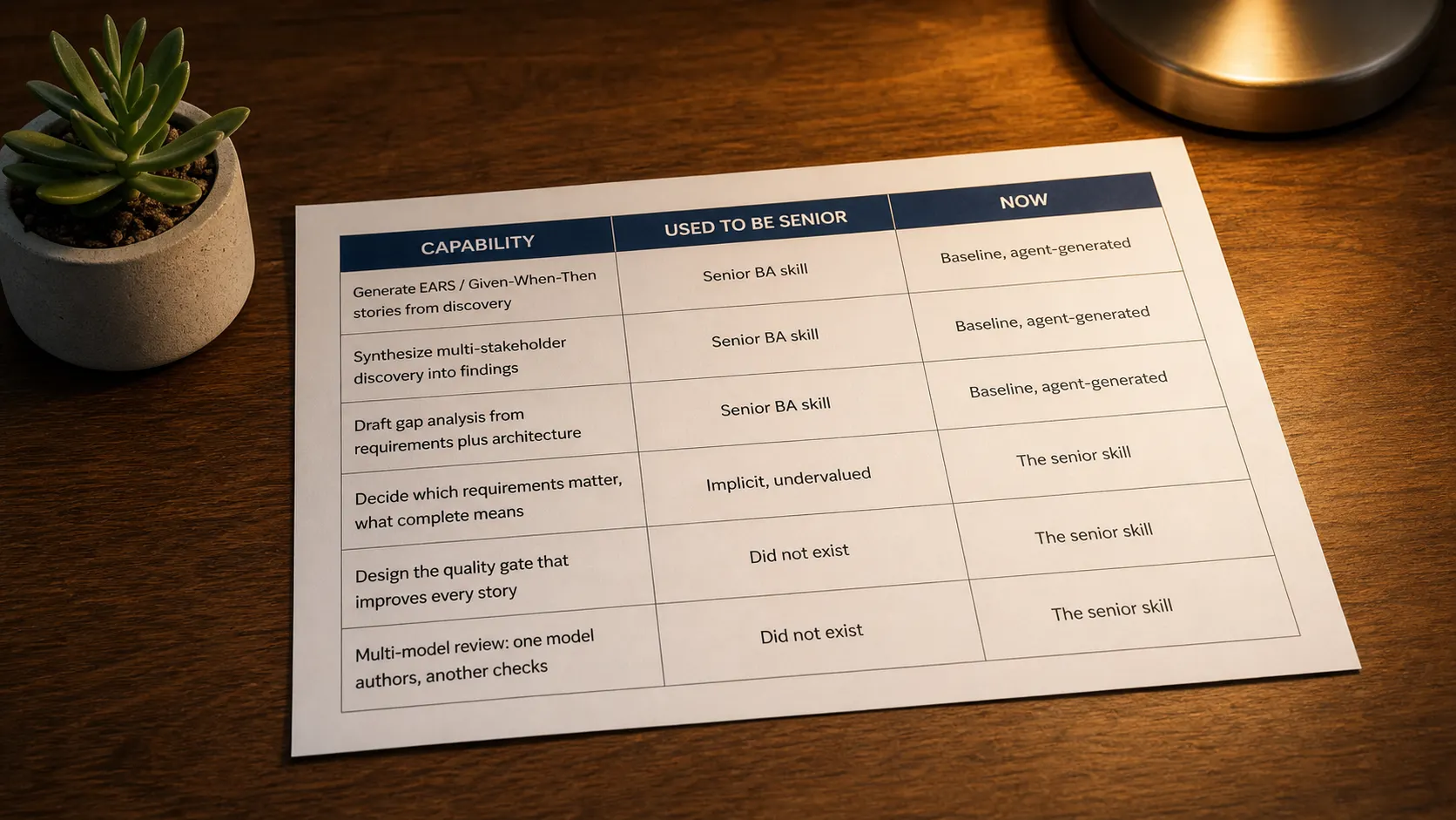 A printed senior-skill comparison document on a warm walnut desk, two columns labeled used-to-be-senior and now, showing authoring tasks dropping to baseline and analysis-design judgment rising