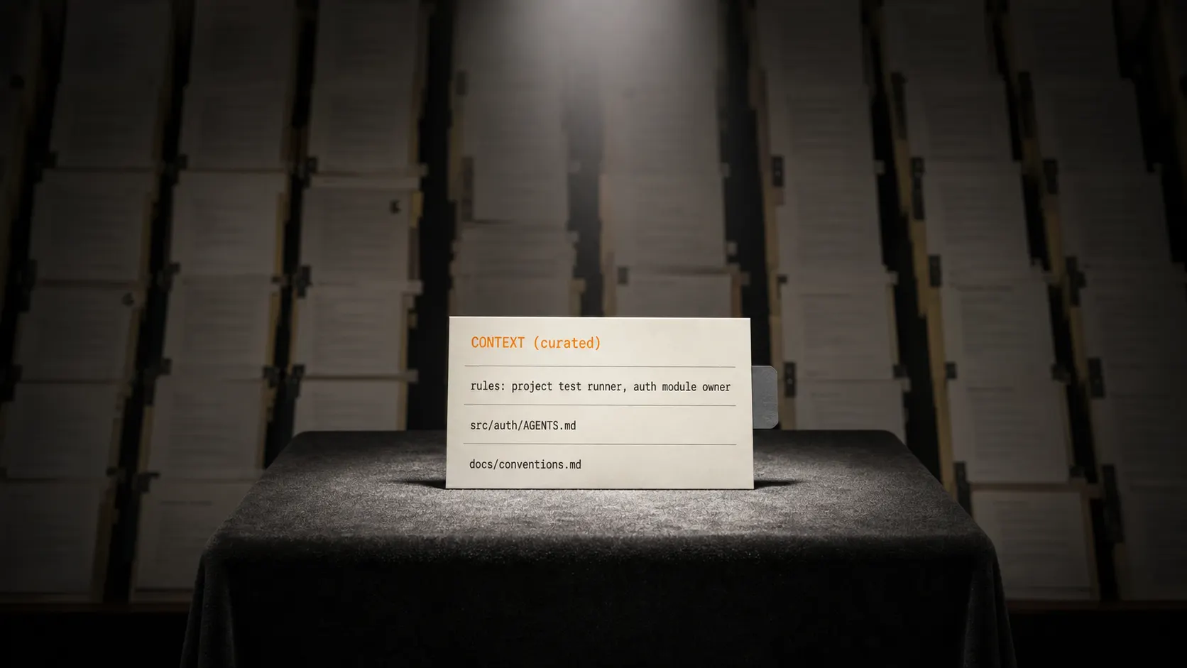 A single curated context file lit under a museum spotlight in the foreground while a vast repository of files recedes into shadow behind it