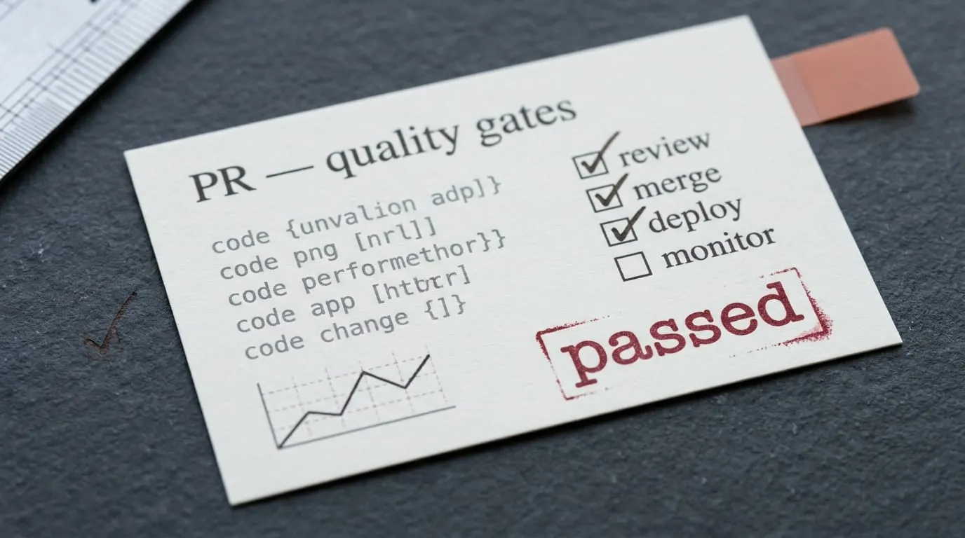 Extreme macro close-up of a single PR card on dark slate, title "PR - quality gates", four ticked checkboxes for review/merge/deploy/monitor, code-block glyph rows, embedded line chart, oxblood "passed" rubber-stamp impression with realistic edge-bleed at the paper-fibre level