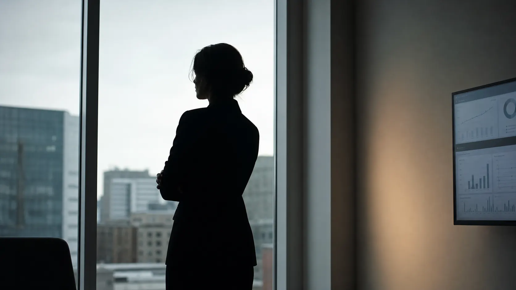 A backlit project manager in silhouette stands at a tall review-room window, deliberating, with a small dashboard monitor glowing on the wall as the quality-gate evidence.