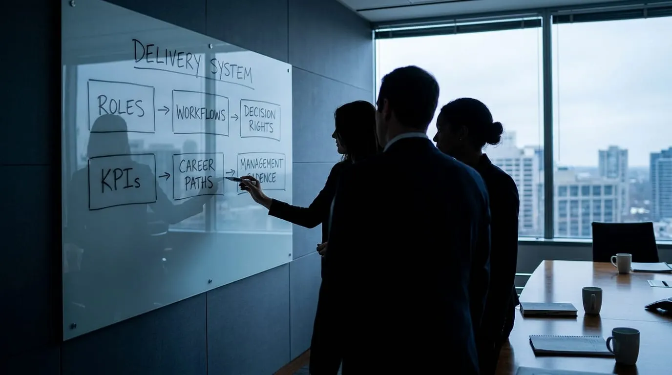 Three silhouetted executives at a whiteboard headed Delivery System, mapping six elements: Roles, Workflows, Decision Rights, KPIs, Career Paths, and Management Cadence, with arrows between them.