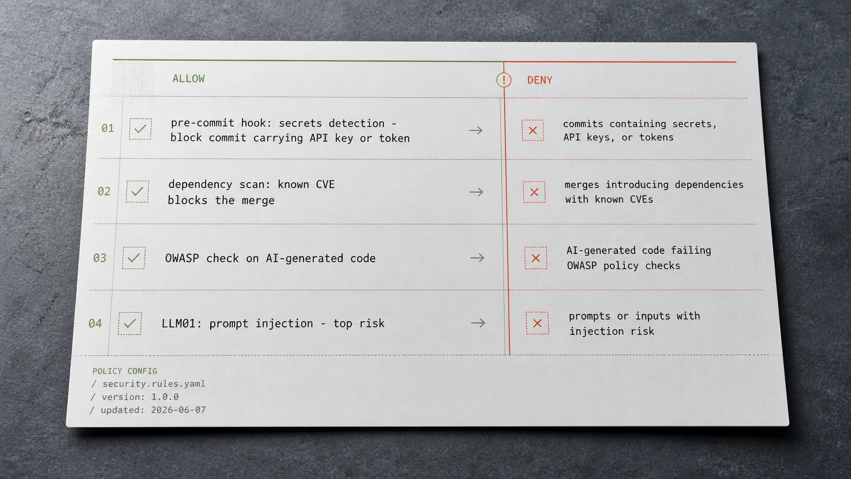 Flat-lay of a permission-boundary rules sheet showing a pre-commit secrets-detection hook, a dependency-scan gate, and an OWASP-check rule, with an allow/deny boundary line marked across the page