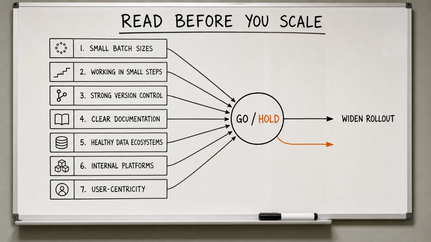 Whiteboard diagram of DORA's seven delivery capabilities feeding a single GO or HOLD decision node that gates whether to widen an AI rollout
