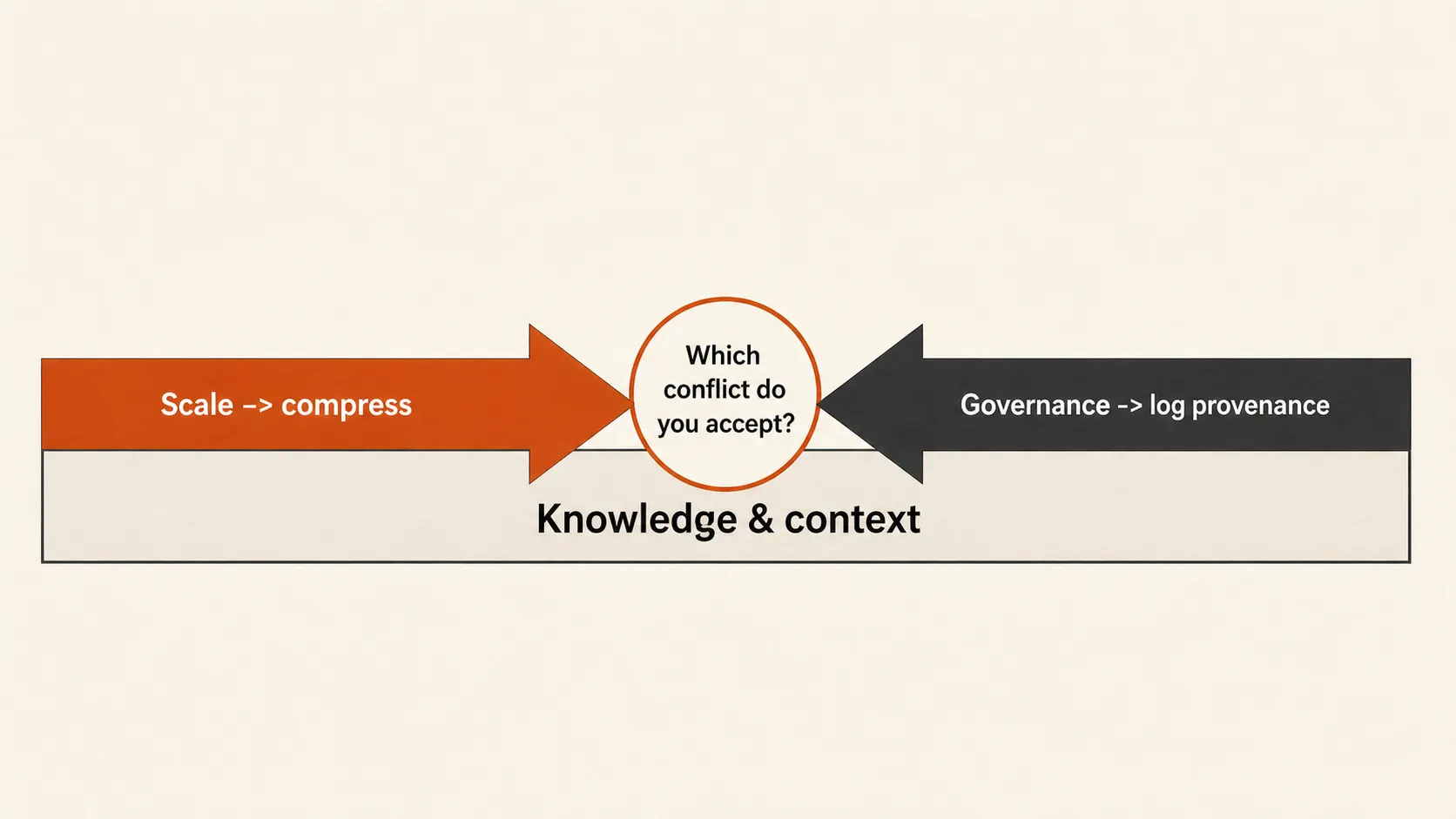 Opposing-force diagram of the token-cost versus observability conflict on the knowledge axis: a Scale-compress arrow and a Governance-log-provenance arrow meeting at a decision point