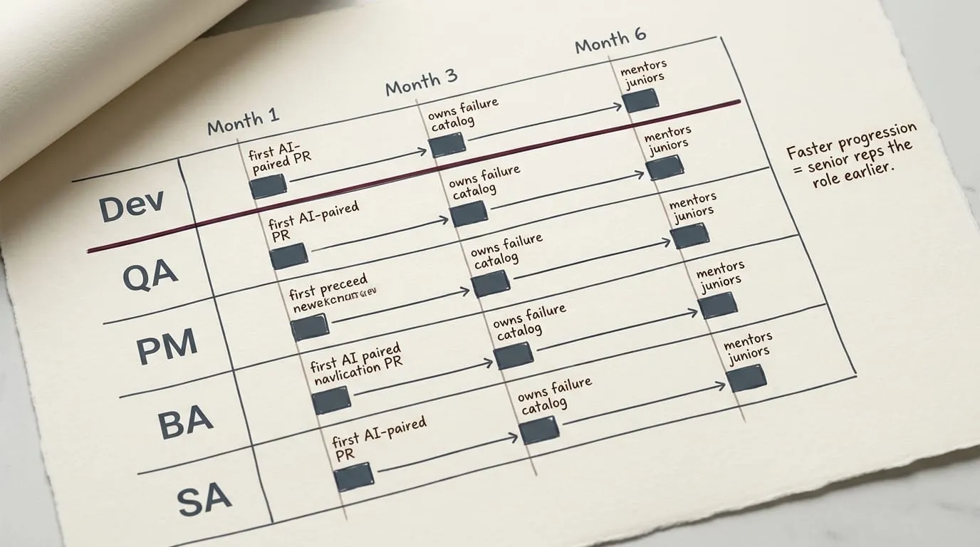 A "Progression" card showing the Developer pathway across months 1, 3, and 6, from pair-reviewed agent code to solo use to leading reviews, on a timeline.