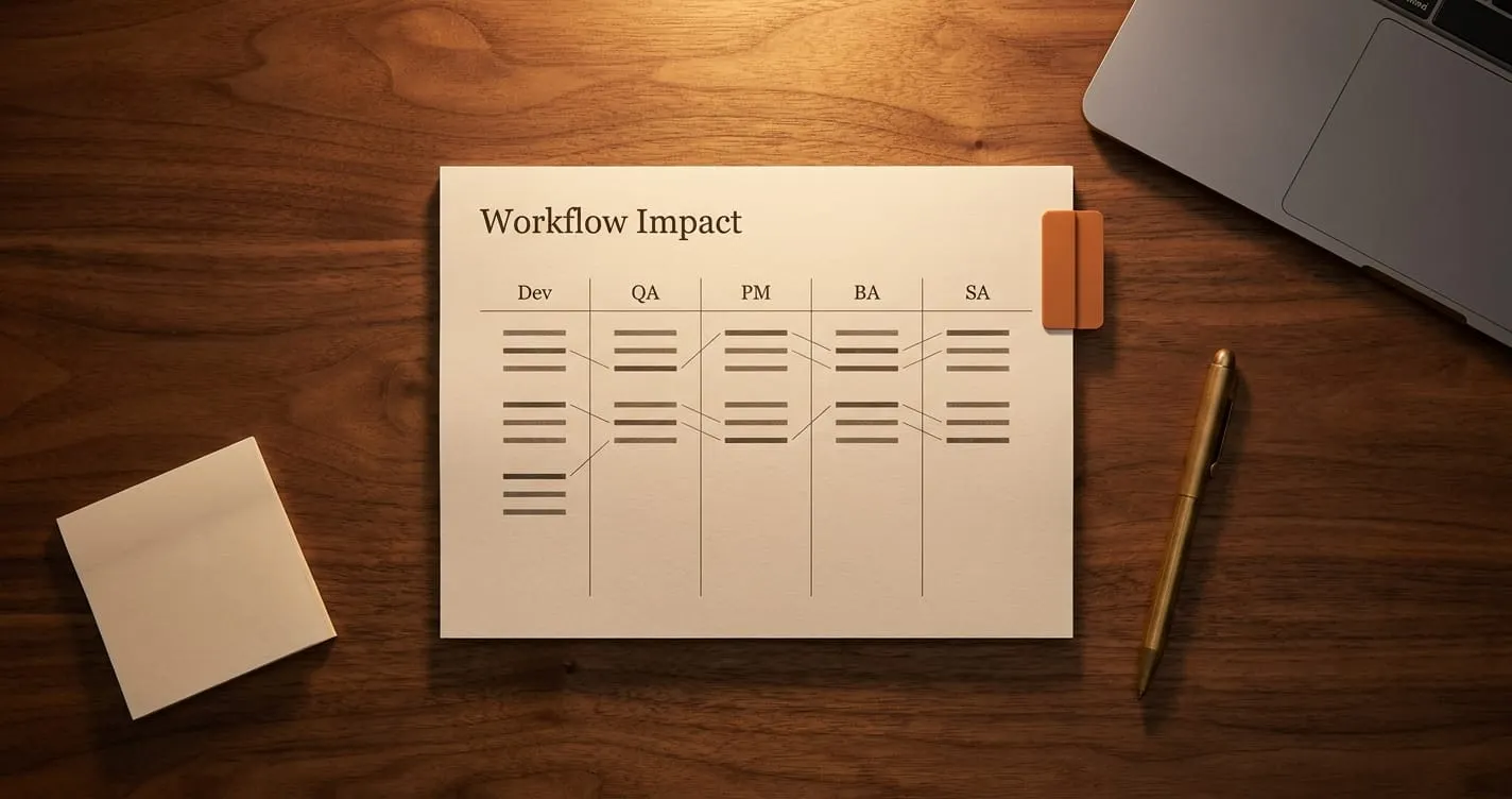 A printed "Workflow Impact" dashboard page with a five-column grid labeled Dev, QA, PM, BA, SA, each column showing paired metric entries.