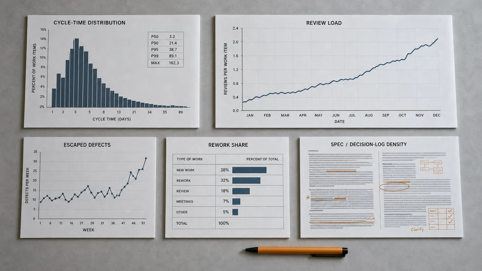 An evidence board arranging five delivery artifacts: a cycle-time distribution histogram with a long right tail, a rising review-load curve, an escaped-defects trend sheet, a rework-share tally, and a marked-up spec and decision-log page.