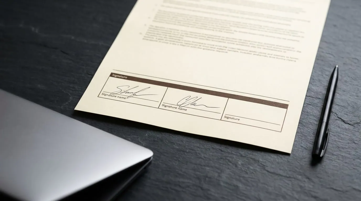 Close-up of a policy document's signature row: three signature blocks, the left and middle signed in ink and the right one left empty