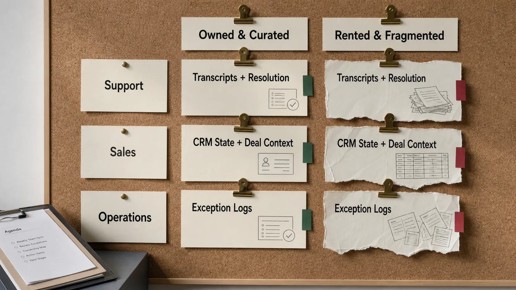 The per-department ownership map as pinned cards: rows for Support, Sales, Operations against columns Owned & Curated and Rented & Fragmented, with clean cards on the left and torn ones on the right
