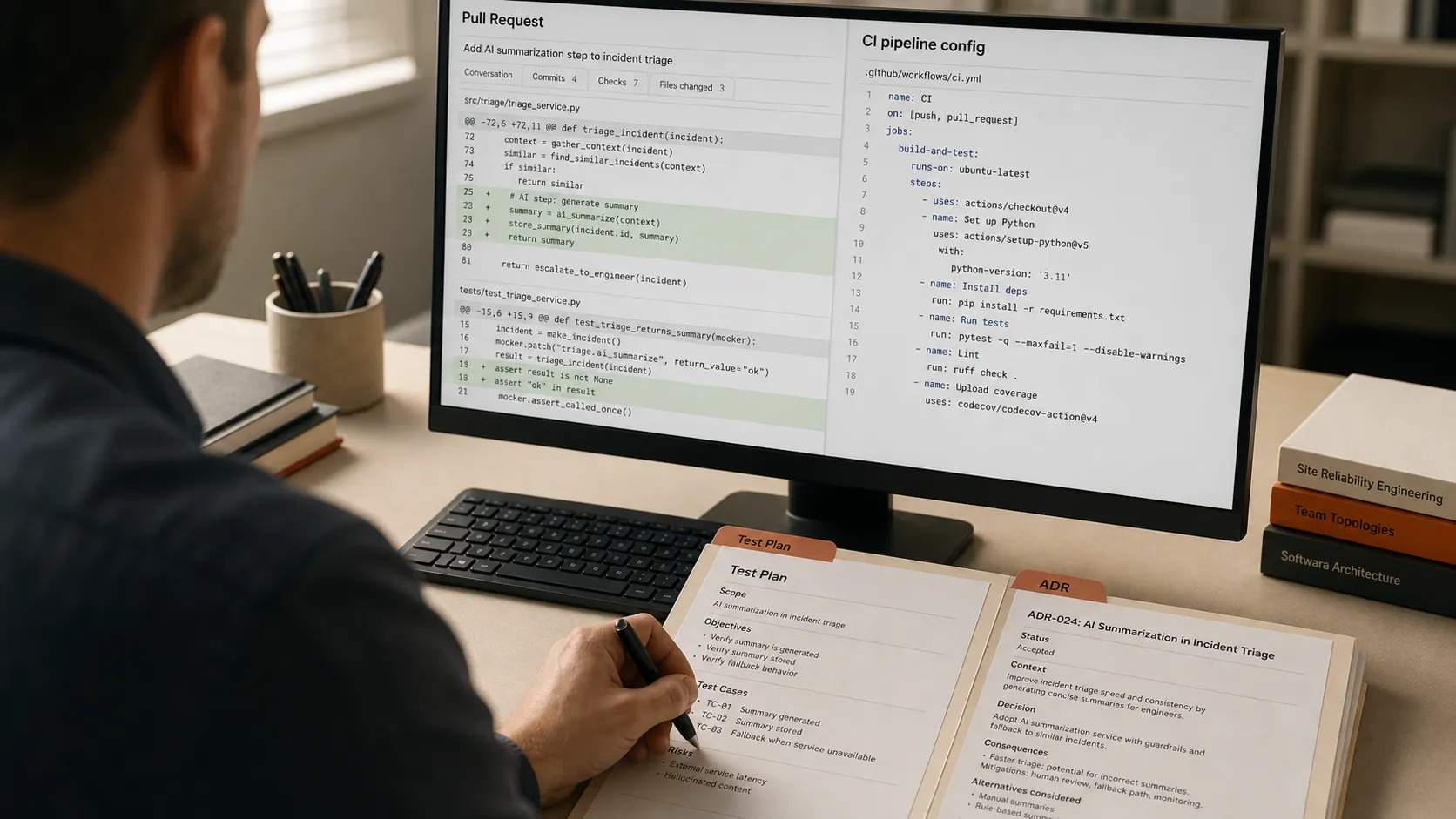 A delivery manager at a desk inspecting real artifacts first: a pull request diff and CI pipeline config on screen, a printed test plan and an architecture decision record beside the keyboard.