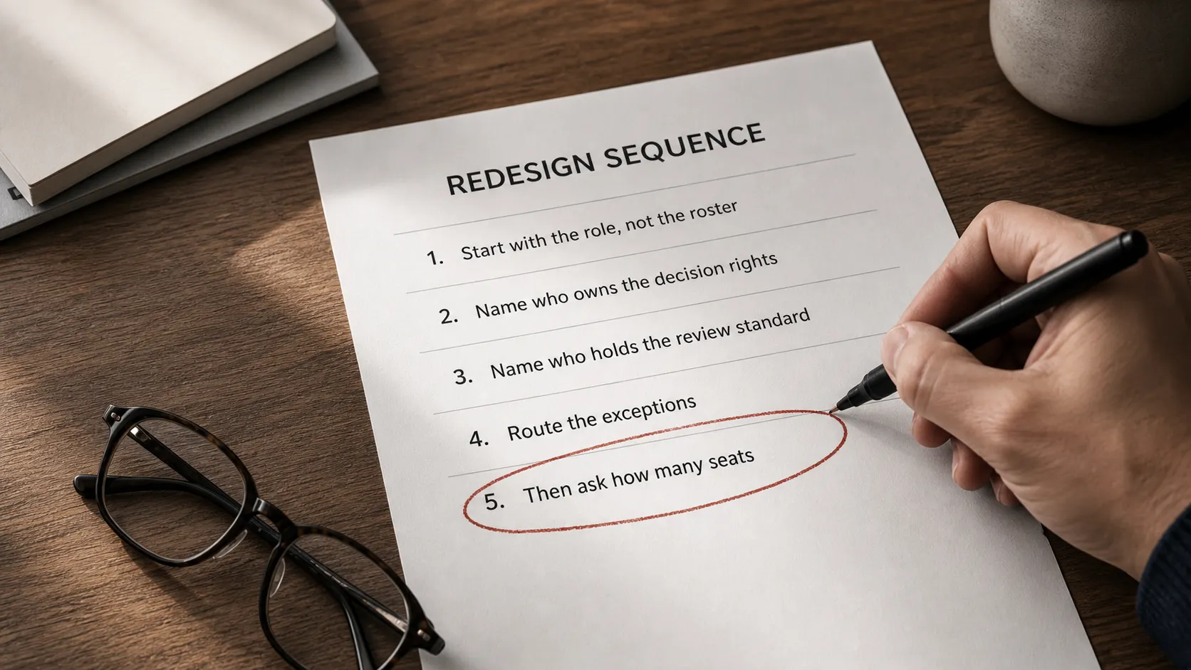 An over-the-shoulder view of a hand circling step five on a printed checklist titled "Redesign sequence" that ends with "Then ask how many seats"