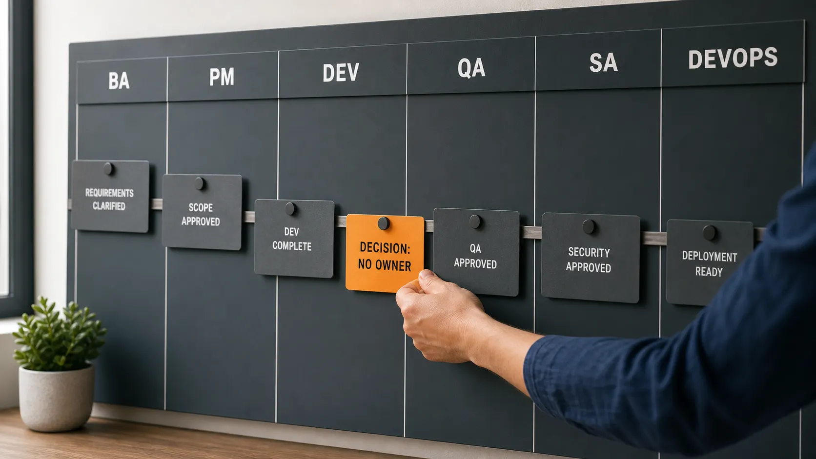 A scrum master's forearm reaching in to clear an amber decision-no-owner card on a six-lane handoff board labelled BA PM DEV QA SA DEVOPS with correct cards stuck at the lane boundaries