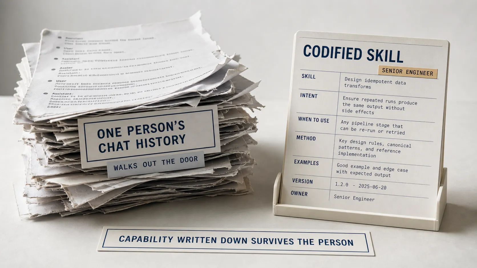 A still-life pairing a fraying pile of one person's chat-session printouts against a single clean, filed skill artifact card, contrasting private capability with capability written down.