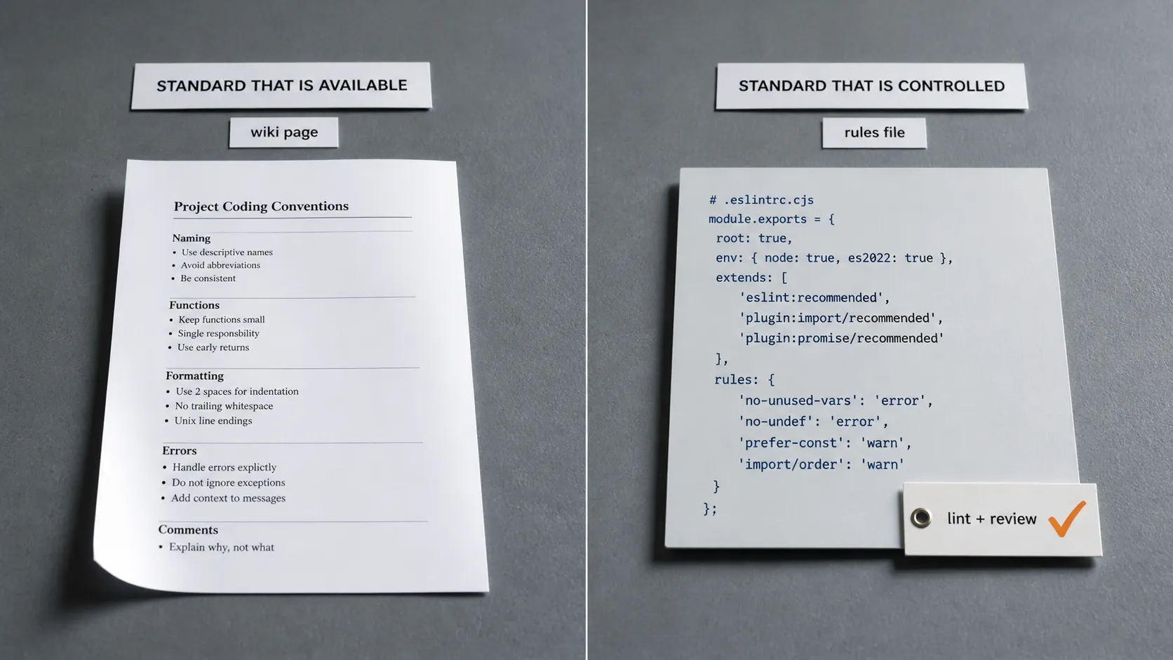 Two document states side by side: an inert wiki page labeled STANDARD THAT IS AVAILABLE, and the same convention given a control destination labeled STANDARD THAT IS CONTROLLED.