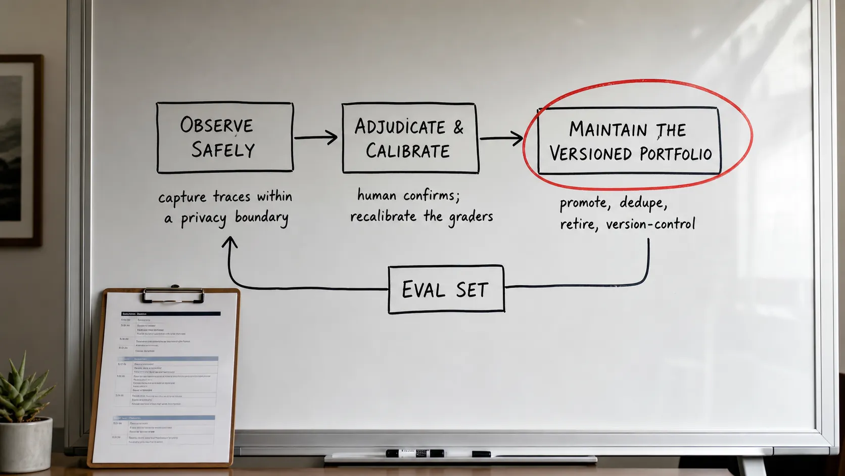 Hand-drawn whiteboard cycle of the eval renewal loop: Observe Safely, Adjudicate and Calibrate, and Maintain the Versioned Portfolio in arrowed boxes, with a loop-back arrow into the eval set
