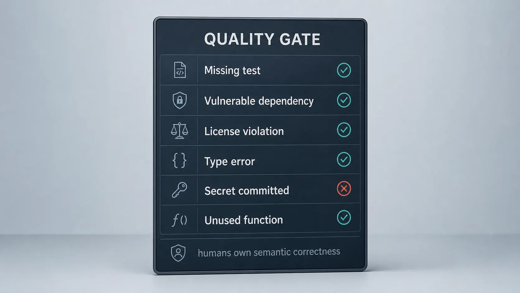 A quality-gate status panel listing checkable defect classes like missing test, vulnerable dependency, license violation, type error and committed secret, each marked pass or fail