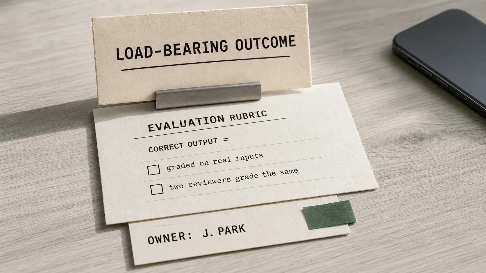 A pinned LOAD-BEARING OUTCOME card above an EVALUATION RUBRIC checklist and a single-name OWNER line: one outcome tied to one quality rubric and one accountable person.