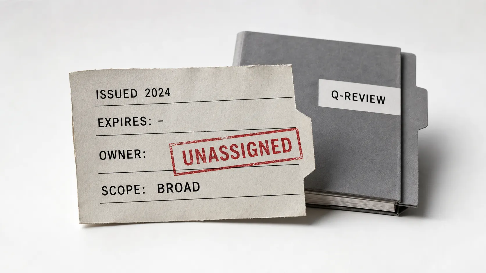 A forgotten machine credential slip stamped issued 2024, no expiry, owner unassigned, scope broad, sitting outside a closed quarterly access-review binder.