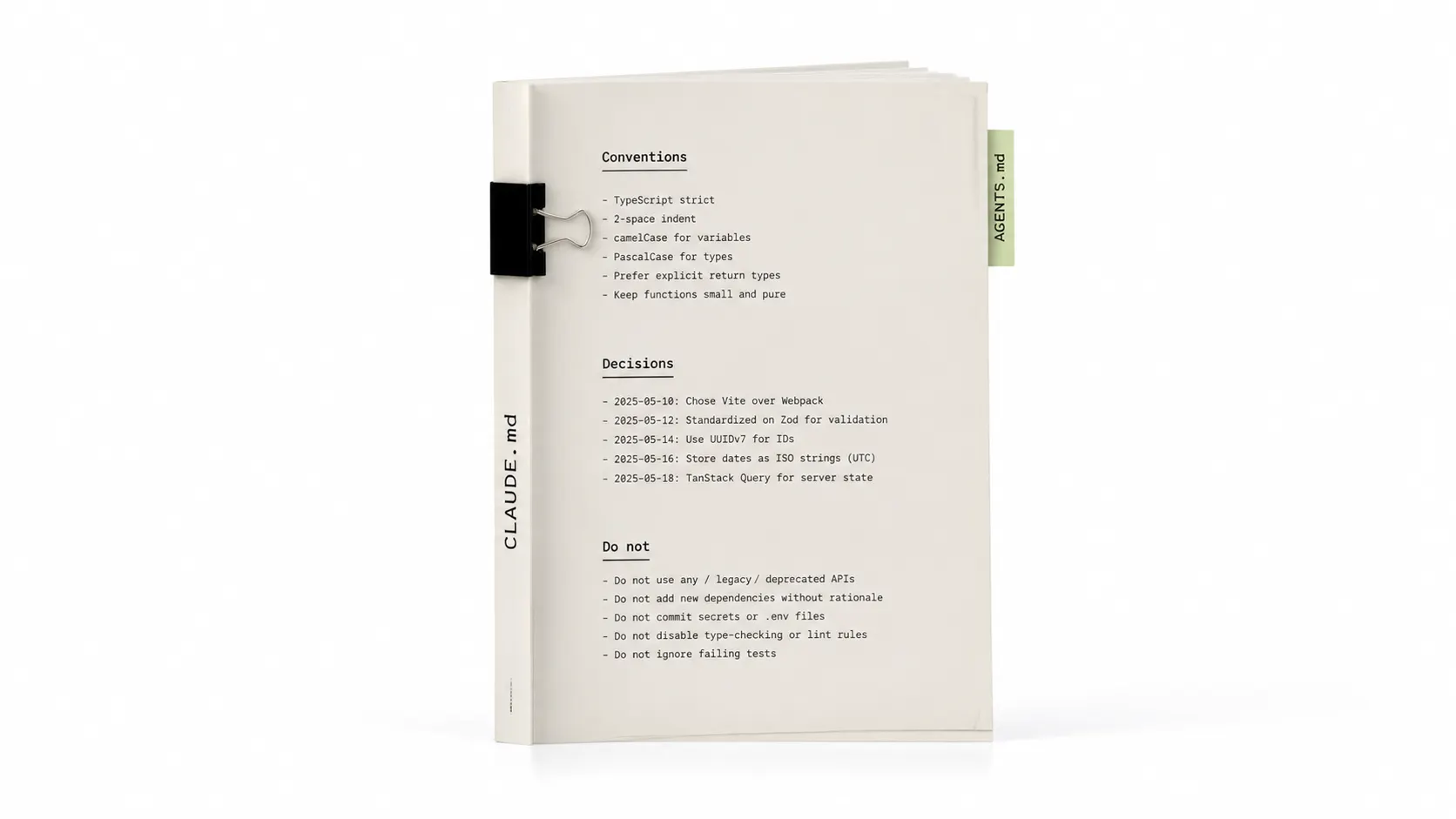 A single project-instruction file with visible section headings being loaded into an AI session at start, depicted as a readable accumulated-decisions document