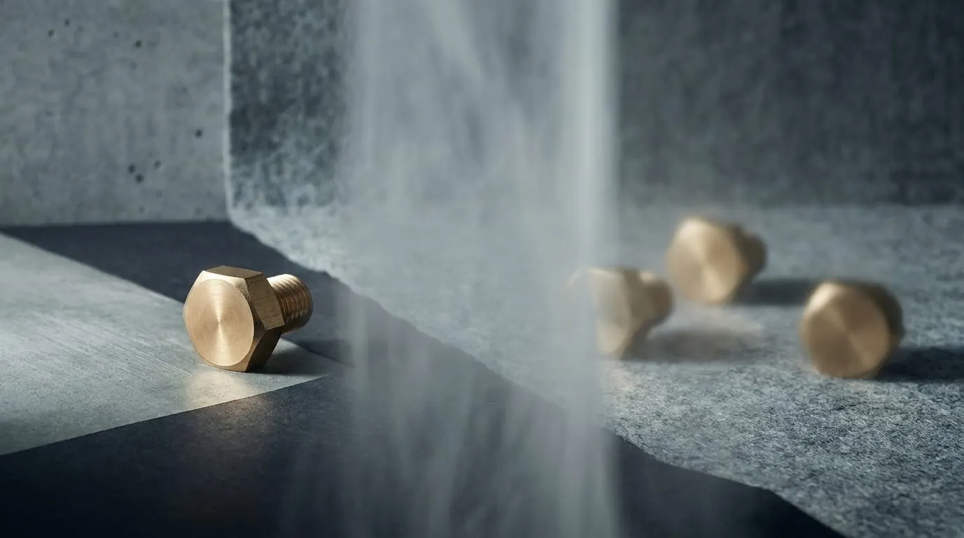 A single sharply defined brass hex bolt on the left enters a translucent vertical curtain of vapor and dust at center-frame, and emerges on the right as three soft-focus identical scattered brass bolts - one defined input, an opaque process, three diffused outputs that cannot be traced back.