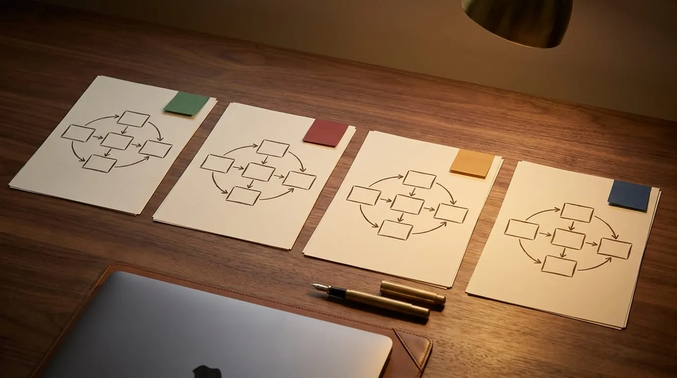 Four near-identical workflow diagrams in a row, each showing the same five-box flow tagged by a different sticky tab: delivery, business departments, AI products, and security and governance.