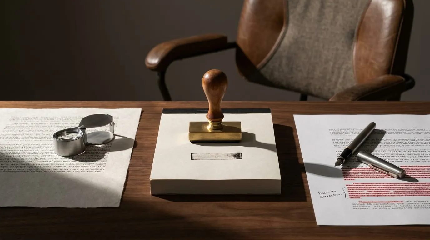 Three implements representing review, sign-off, and remediation: a magnifying loupe on a typed page, a wood stamp with a single ink impression, and a fountain pen beside a marked-up correction, with an empty desk chair behind.