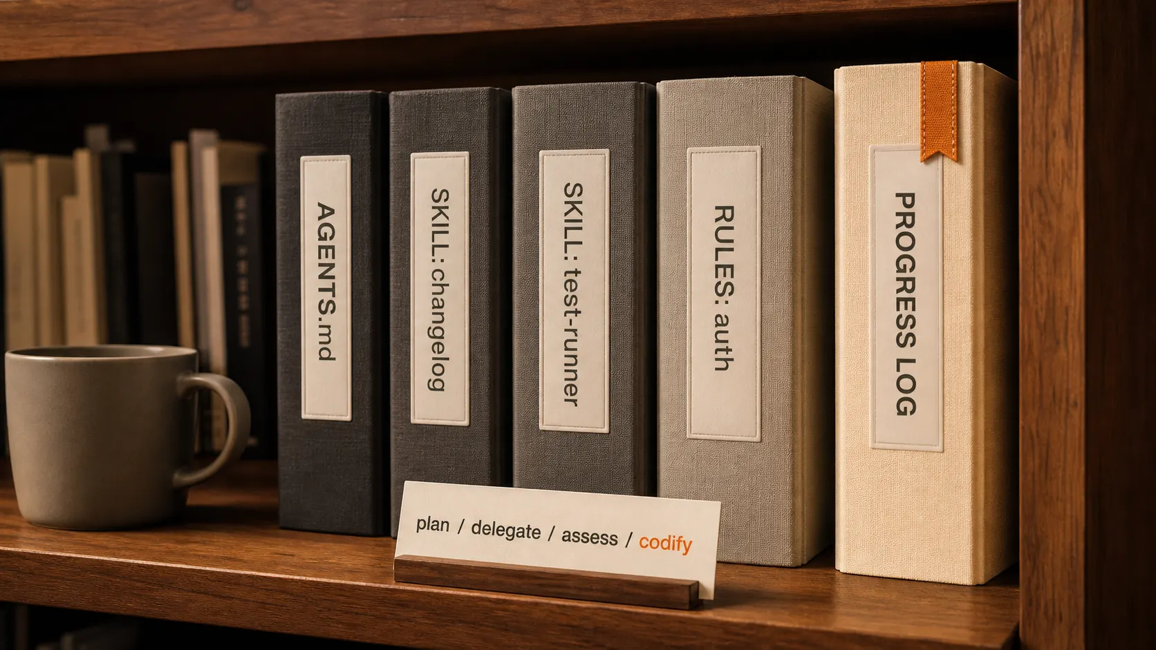 A bookshelf of accumulating bound spec-volumes labeled AGENTS.md, skills, rules, and progress log, with a plan-delegate-assess-codify loop legend card on the shelf