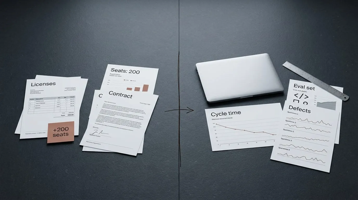 A diptych: what procurement reports (a licenses invoice, contract, and 'Seats: 200' sheet) versus what delivery measures (a downward 'Cycle time' chart, an 'Eval set' sheet, and 'Defects' sparklines).