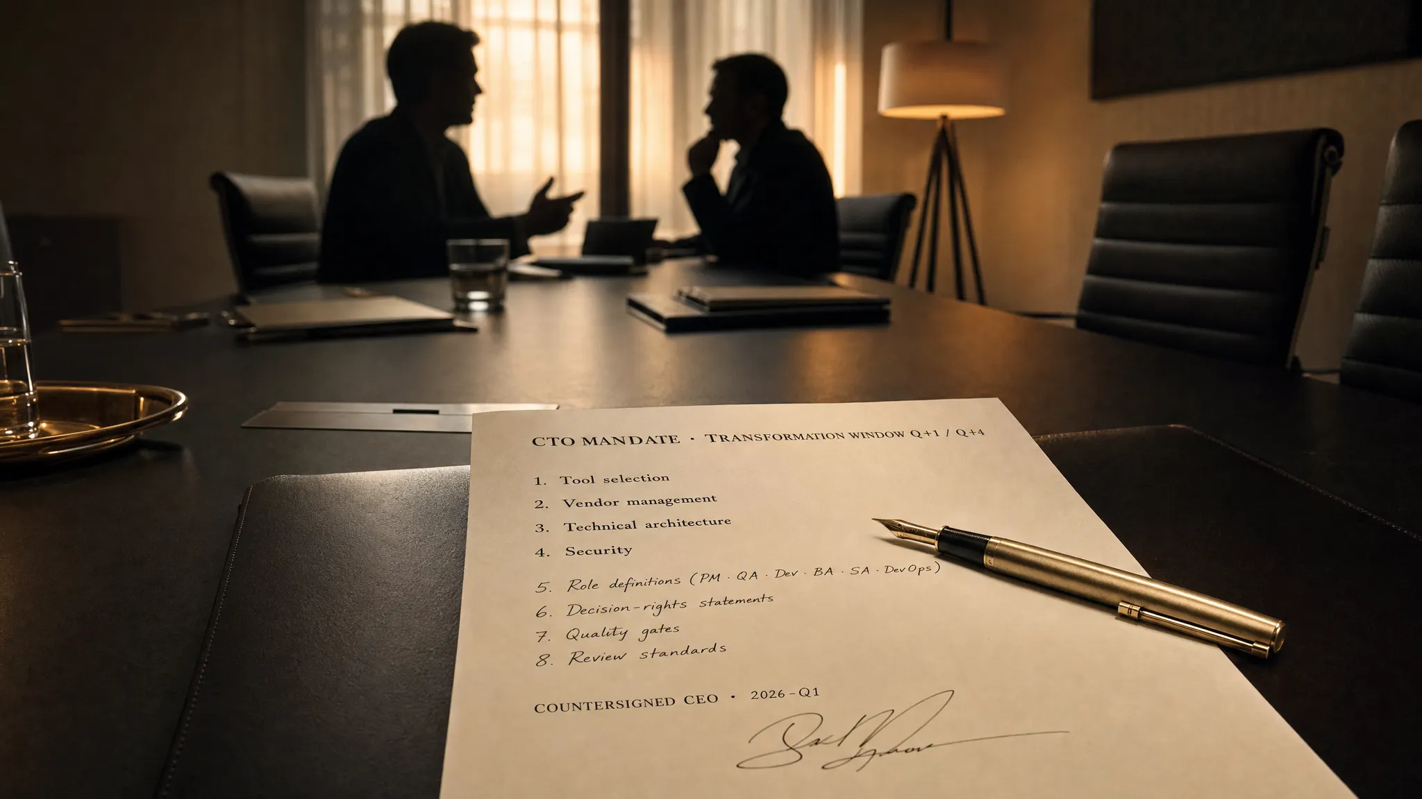 A printed "CTO Mandate: Transformation Window" document listing tool, vendor, architecture, and security items plus a handwritten addendum, countersigned by the CEO.