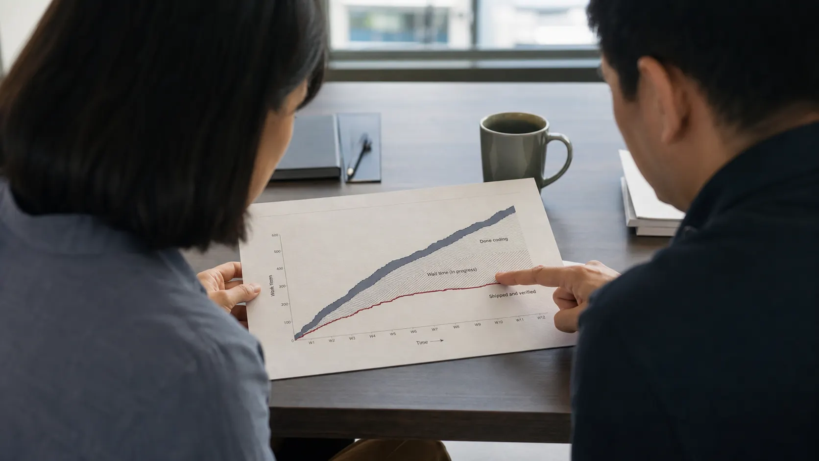 Over-the-shoulder view of two delivery practitioners reviewing a printed cumulative-flow chart where the done-coding band outpaces the shipped-and-verified band.