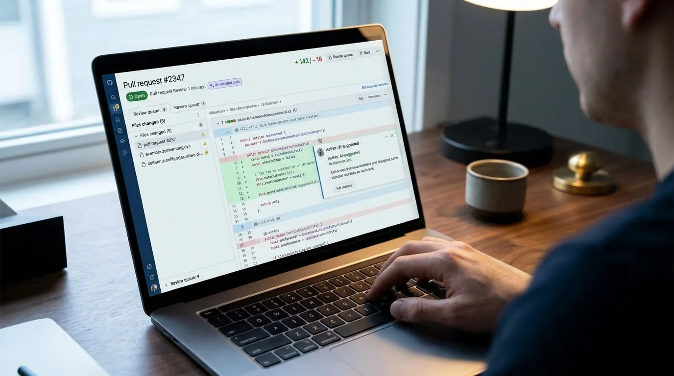 A laptop showing a pull-request review interface: Pull request #2347, +142/-16 diff stats, a review queue, an AI-assisted draft marker, a code diff, and an inline AI-suggested comment panel.