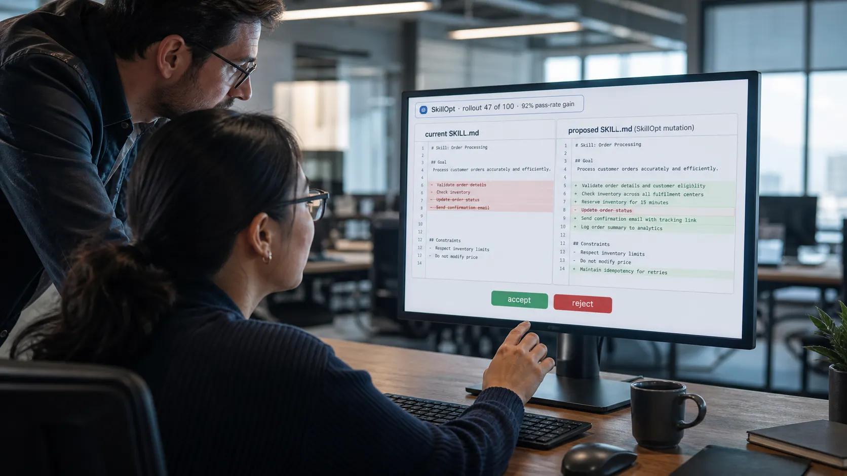Two operators review a SkillOpt-proposed diff on a monitor: the current SKILL.md with red highlights on the left, the proposed mutation in green on the right, and a badge reading 'SkillOpt rollout 47 of 100, 92% pass-rate gain'.
