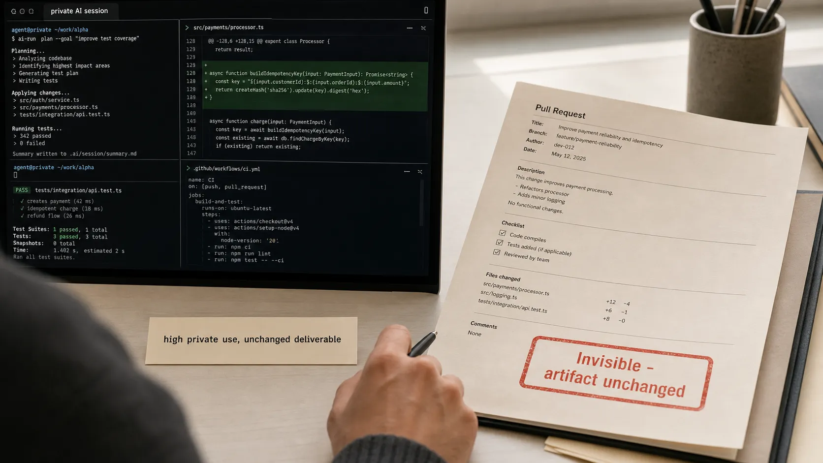 A split desk scene: a busy private AI terminal session on the left, an unchanged printed pull request on the right, showing high private use that never reached the shared deliverable.