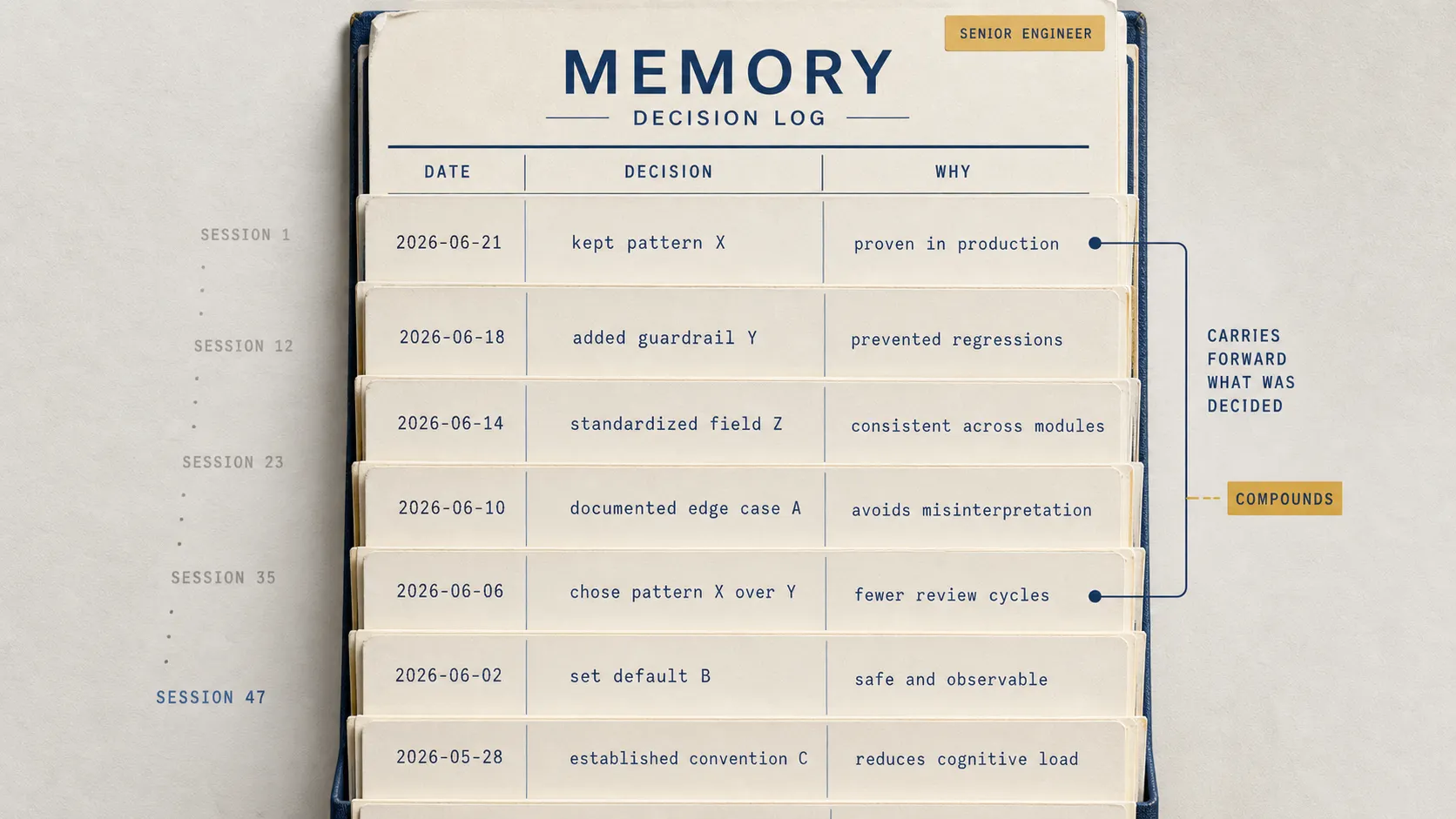 A tall vertical decision-log ledger spine where dated entries accumulate downward and a recent one references an earlier entry, the memory artifact that carries decisions forward across sessions.