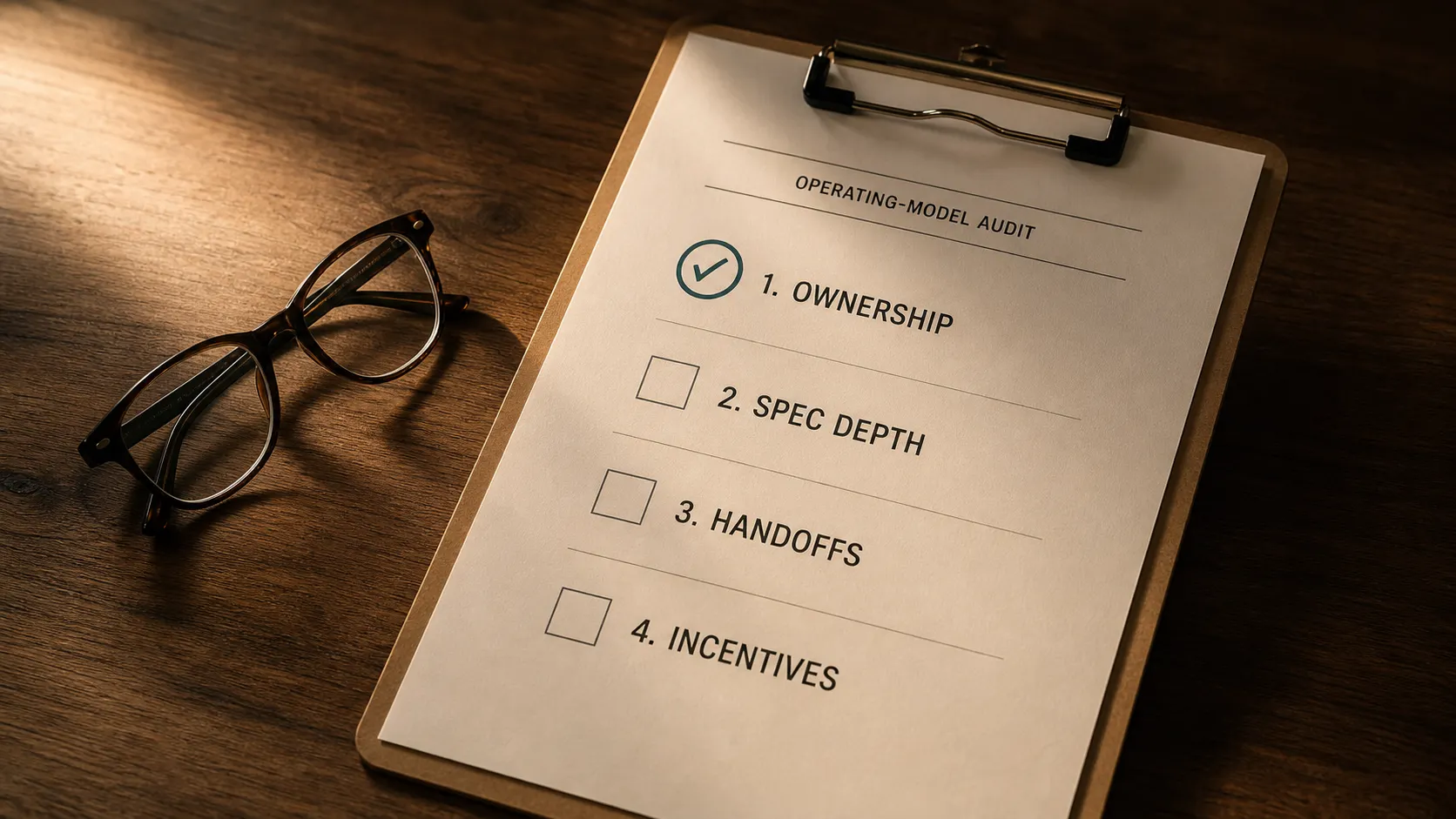 An operating-model audit checklist on a clipboard at a three-quarter angle listing ownership, spec depth, handoffs and incentives, with folded reading glasses beside it and a teal check on the first item.