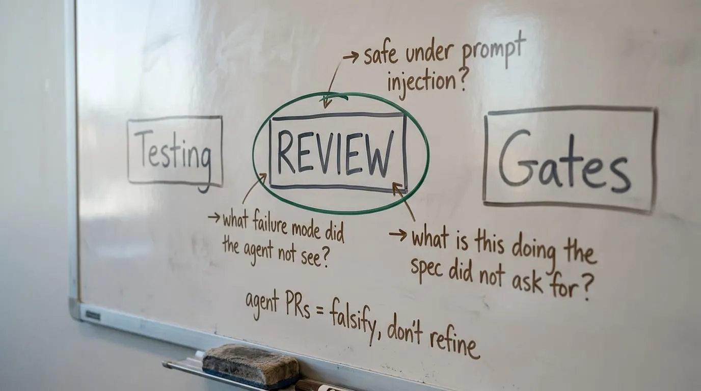 A PR diff page titled 'PR #4287: feat: add status filter' with margin notes questioning prompt injection, unseen failure modes, and unrequested code, and a suspicious line circled in red.