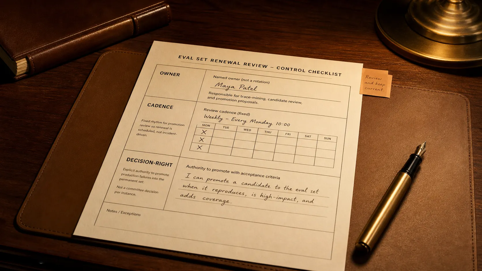 Single-page renewal-review control checklist on a desk with the three headed fields Owner, Cadence, and Decision-Right, a calendar block for the cadence and a name in the owner field