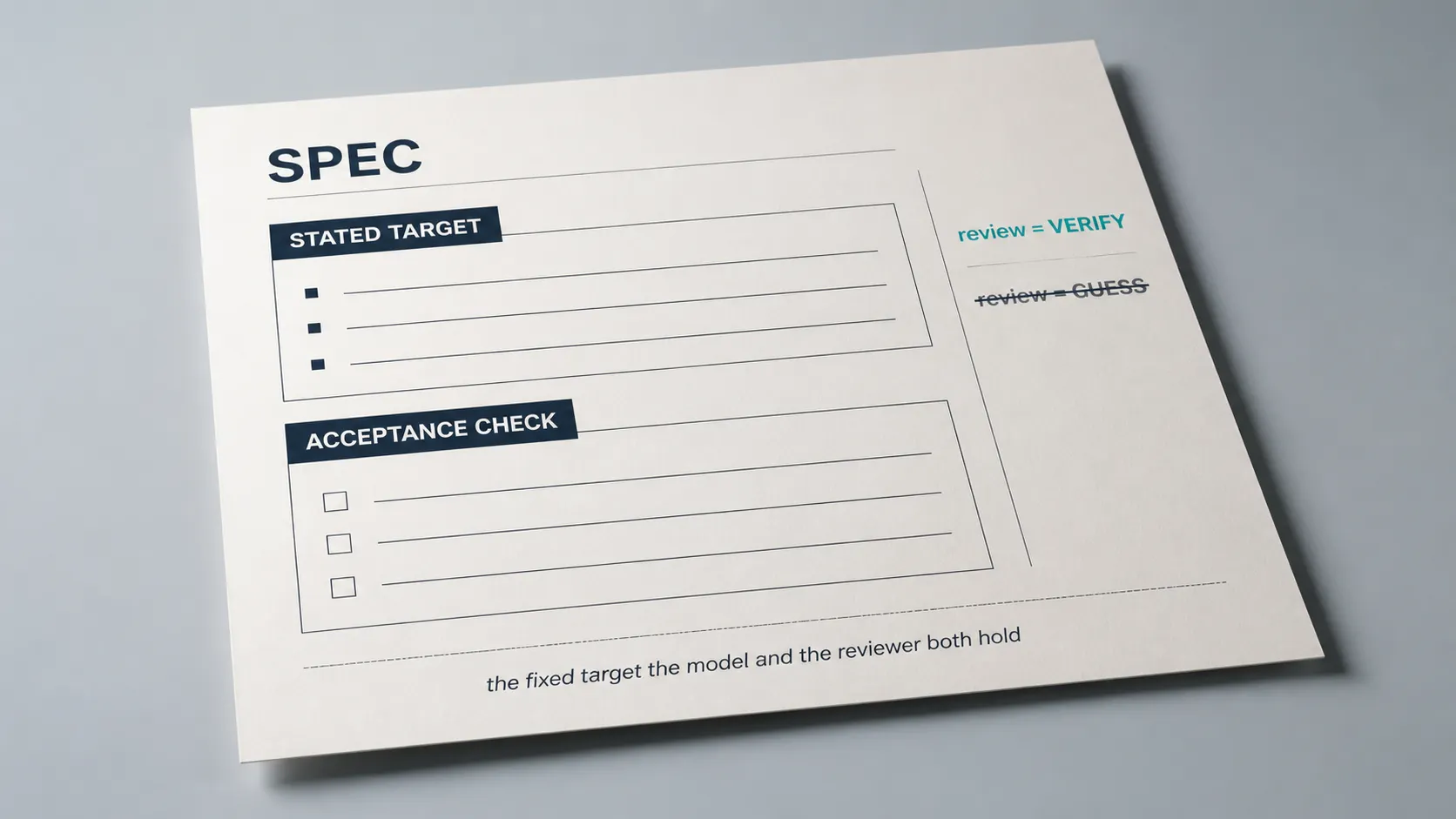 A lightweight one-page spec document on a clean surface, showing a stated-target and acceptance-check structure that a reviewer holds as the fixed target to verify against