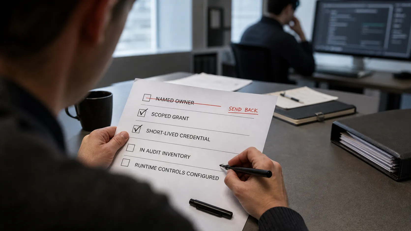 A reviewer marking a deployment-gate checklist: named owner, scoped grant, short-lived credential, in audit inventory, runtime controls configured, with one item sent back.