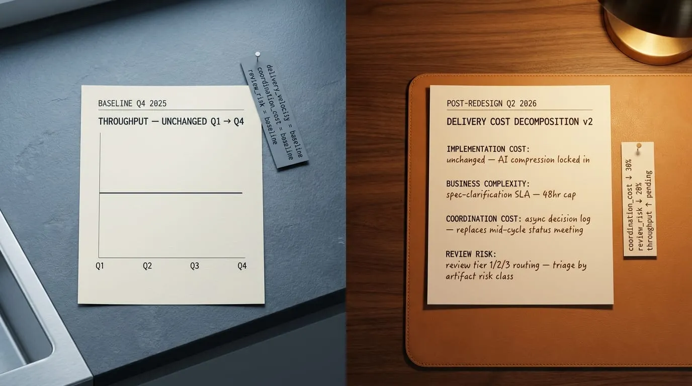 A before-and-after diptych contrasting two operating-model states across the four delivery-cost components, showing how the binding constraint migrates after redesign.