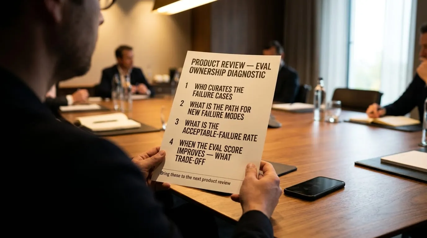 A silhouetted hand holds a checklist titled "PRODUCT REVIEW: EVAL OWNERSHIP DIAGNOSTIC" with four numbered questions, footed "Bring these to the next product review."
