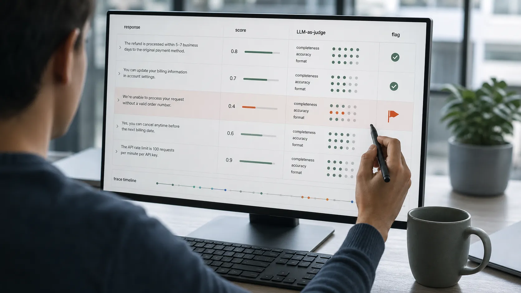 A QA engineer scores language-model responses on an evaluation screen where each response carries a quality score and pass-or-flag marker, marking one low-scoring response as a regression.