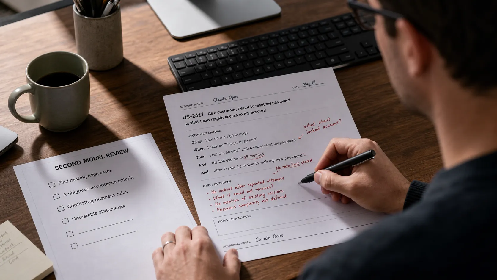 An analyst seated at a review desk, over the shoulder, marking a generated requirement in red beside a printed second-model review checklist listing the review targets