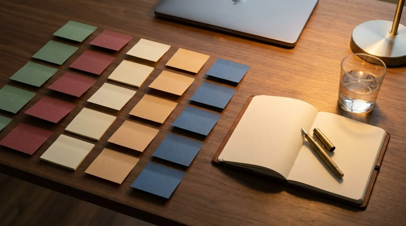 A workshop tableau with five columns of sticky notes, an open notebook, a fountain pen, a glass of water, and a closed laptop, paused mid-session.
