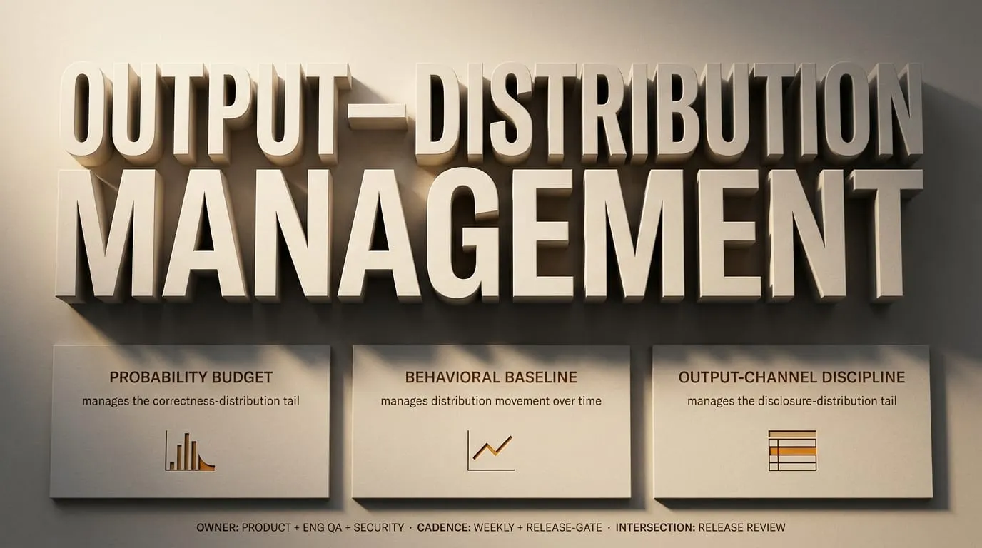 OUTPUT-DISTRIBUTION MANAGEMENT in large-format type, with three sibling panels: PROBABILITY BUDGET, BEHAVIORAL BASELINE, OUTPUT-CHANNEL DISCIPLINE; release-review intersection.