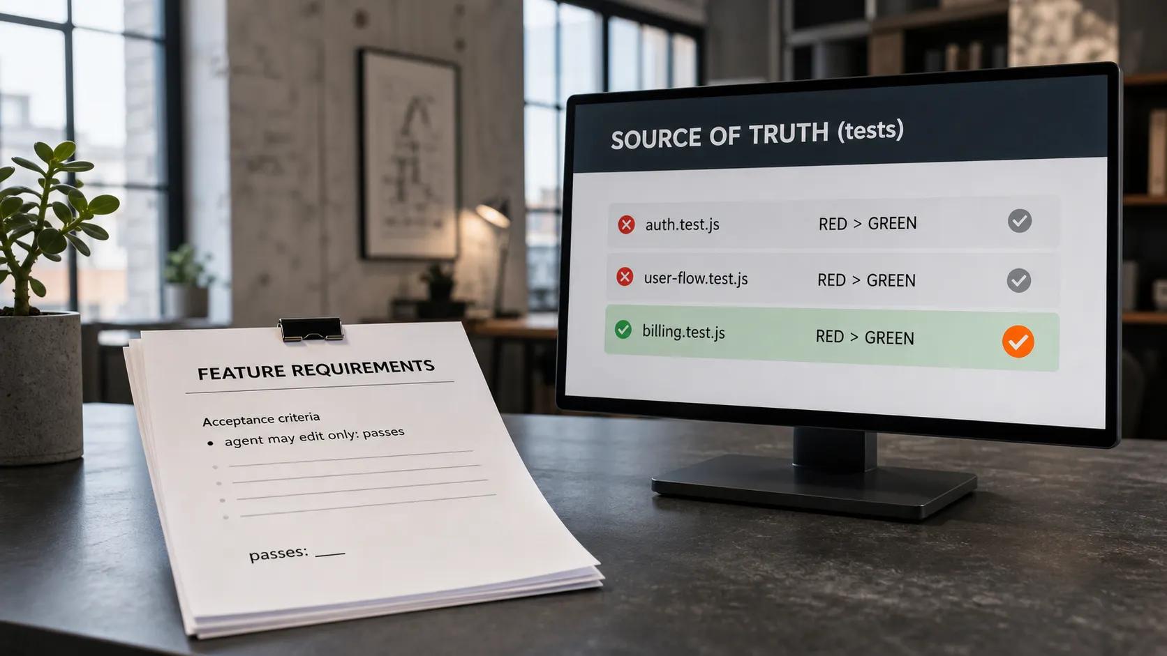 A loft workspace showing a feature requirements file with a locked passes field beside a Source Of Truth test-results screen with rows moving from red to green
