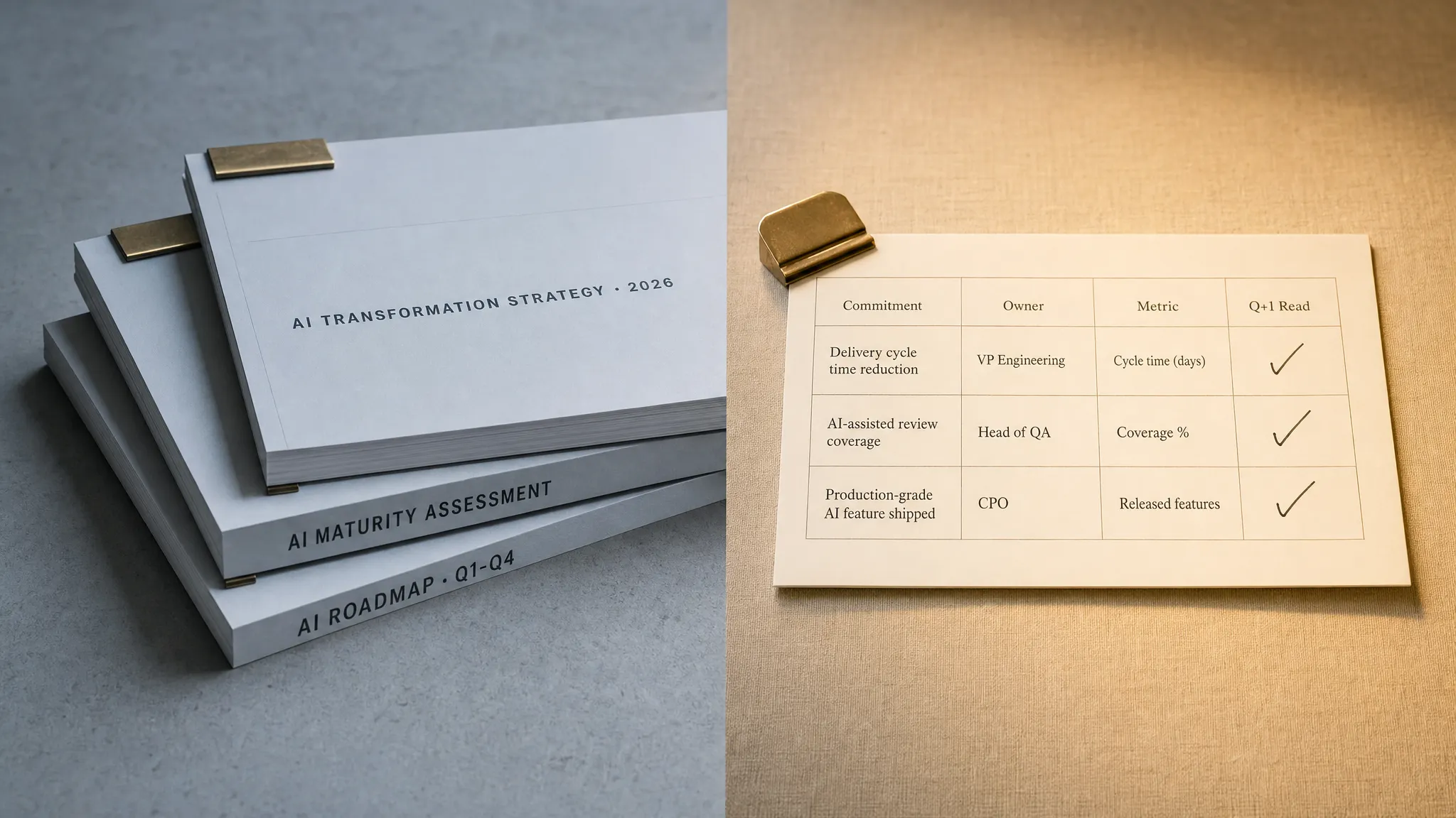 A stack of AI transformation strategy decks beside a one-page operating-review insert with a Commitment, Owner, Metric, Q+1 Read table and three checked rows.
