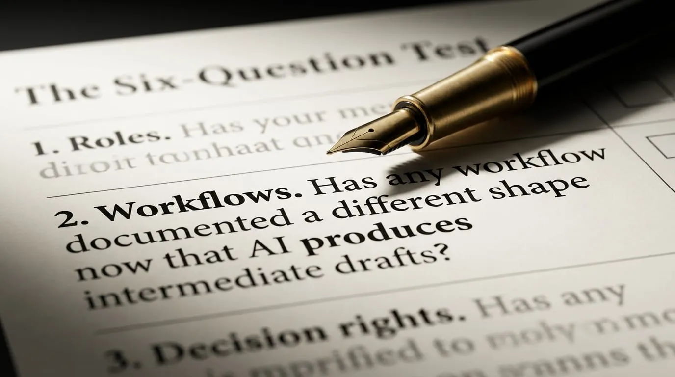 A printed six-question CEO checklist with the Workflows question in sharp focus, asking whether any workflow changed shape now that AI produces intermediate drafts, a pen pointing to it.