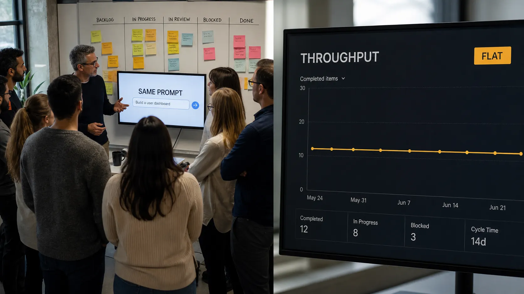 A split scene contrasting a crowded standup with an unchanged ambiguous prompt feeding an agent against a throughput dashboard whose cycle-time line stays flat, showing visible activity with no movement