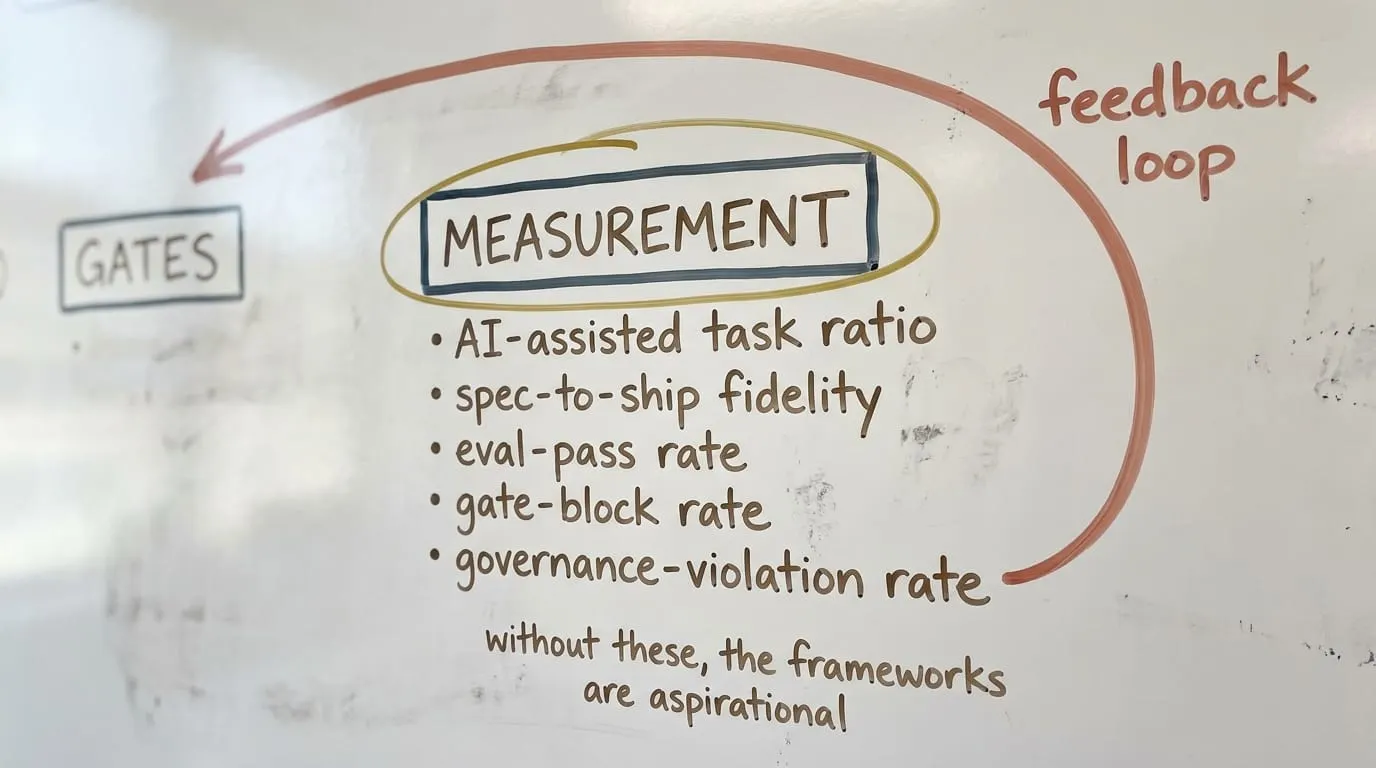 A Measurement Loop dashboard with five metric cards: AI-Assisted Task Ratio, Spec-to-Ship Fidelity, Eval-Pass Rate, Gate-Block Rate, and Governance-Violation Rate, above a Spec-Architecture-Eval-Roles feedback loop.